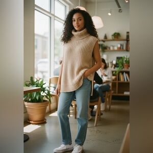SHE & SKY Beige chunky knit sleeveless turtleneck sweater  size M